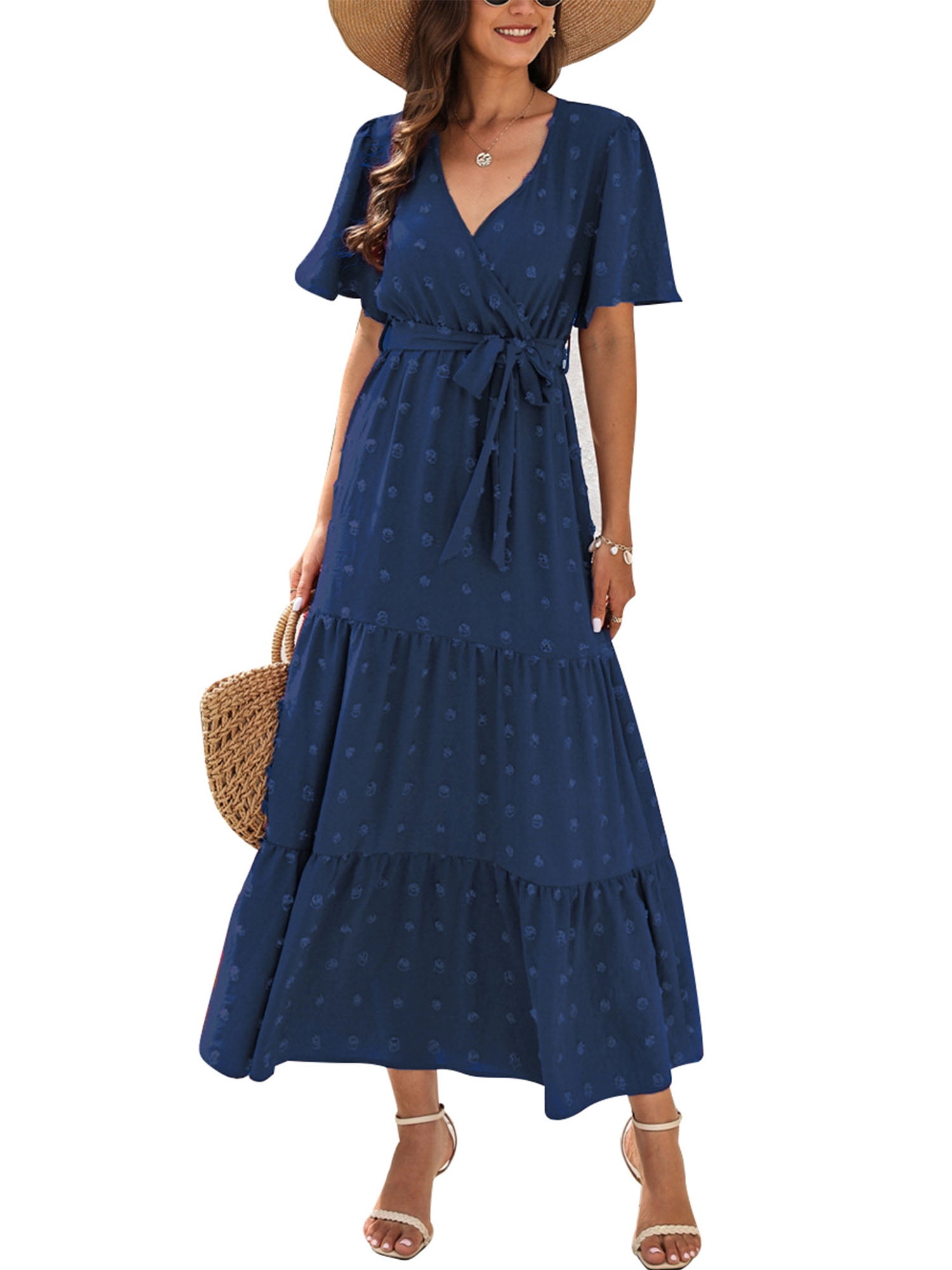 IWEMEK Summer Dress for Women Short Sleeve Casual Dressy Pompom Graduation  Dresses Swiss Dot Navyblue Wedding Guest Dress - Walmart.com