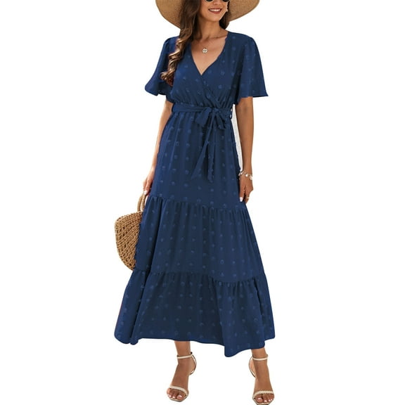 IWEMEK Summer Dress for Women Short Sleeve Casual Dressy Pompom Graduation Dresses Dot Navyblue Wedding Guest Dress