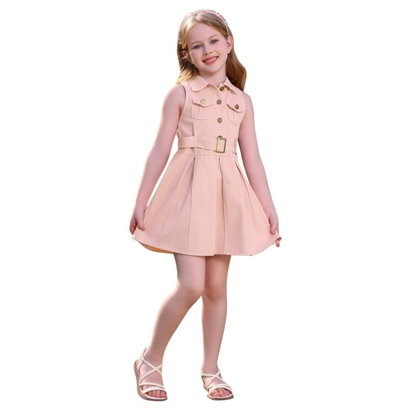 IWEMEK Summer Dresses for Girl Fashion Chic Cute Pink Dress Solid Comfort Pleated Sundress Sleeveless Trendy Playwear