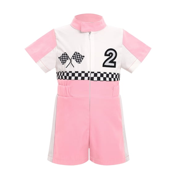 IWEMEK Summer Jumpsuit for Toddler Girls Cool Race Car Driver Overalls Color Block Birthday Party Onesie 2025