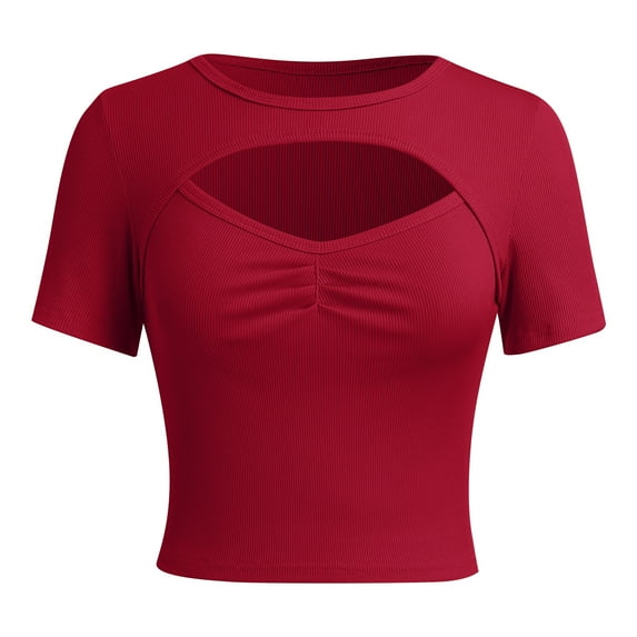 IWEMEK Summer Tops for Women Short Sleeve Crew Neck Crop Shirt Fashion Chic Winered Basic Tops Pullover Size XL