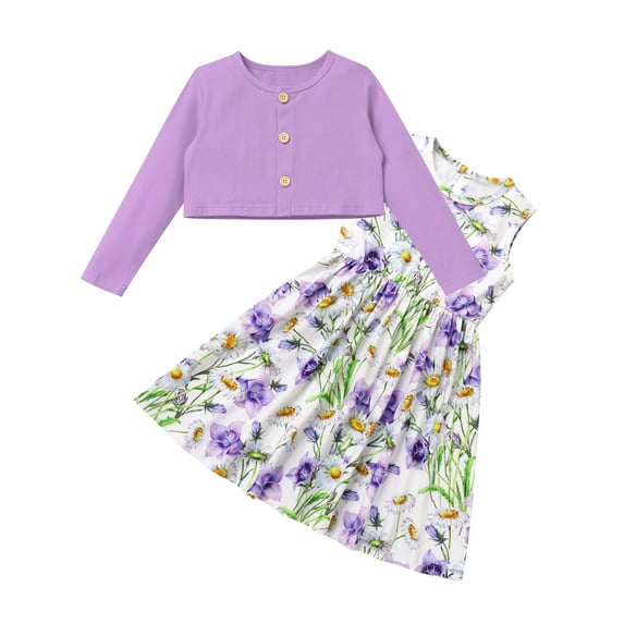 IWEMEK Toddler Girl Dresses Purple Short Coat Flower Print Party Dress Fashion Chic Fairy Dresses Comfy Clothes 4-5Y