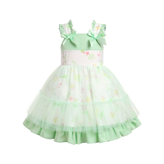 IWEMEK Toddler Girl's Dress Green Floral Printed Casual Dressy Tulle Tutu Trendy Summer Sleeveless Dress with Zipper