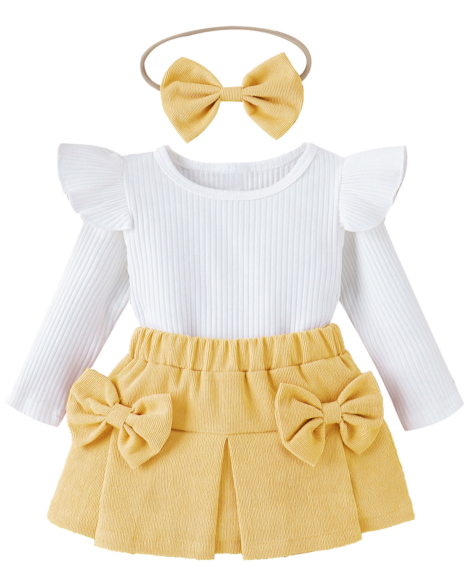 IWEMEK Toddler Girl's Outfit Crew Neck Solid White T-Shirts Casual Chic Bow Knot Yellow Short Skirts Spring Clothing 1-2Y