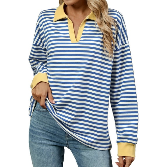 IWEMEK Tops for Women Casual Loose Fall Sweatshirts Baggy Color Block Stripe T Shirts Fashion Fancy Chic Tunic Tees