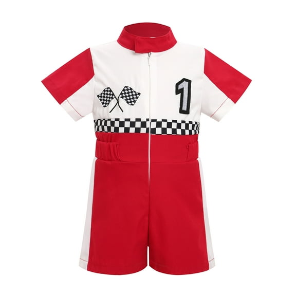 IWEMEK Unisex Baby Overalls Race Car Driver Outfit for Infant Color Block Red One Piece Romper Size 9-12M