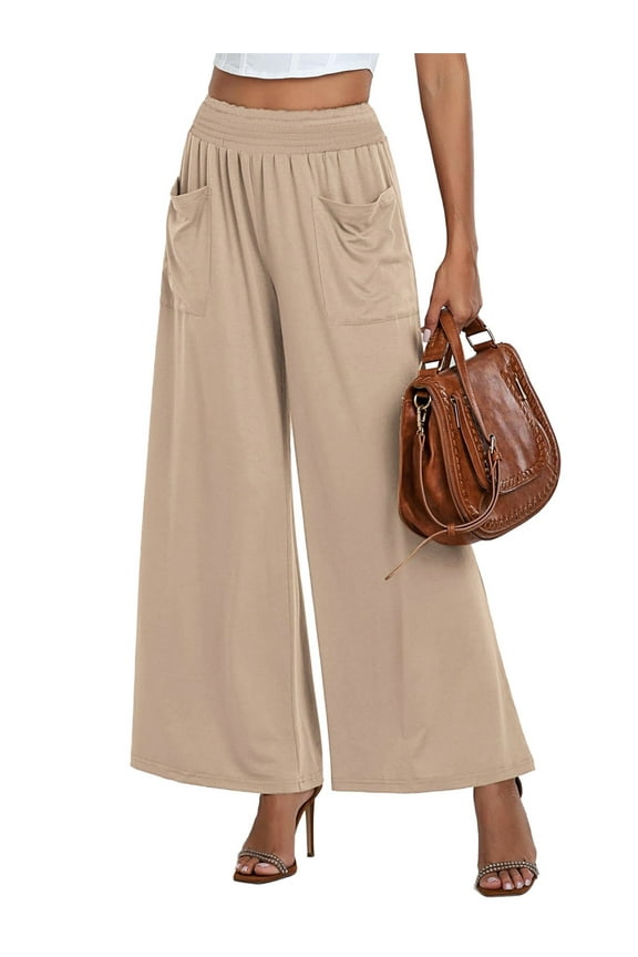 Wide Leg Pants for Woman High Waisted Baggy Flowy Sweatpants Beige Tall Stretch Lounge Pants with Pockets Size L