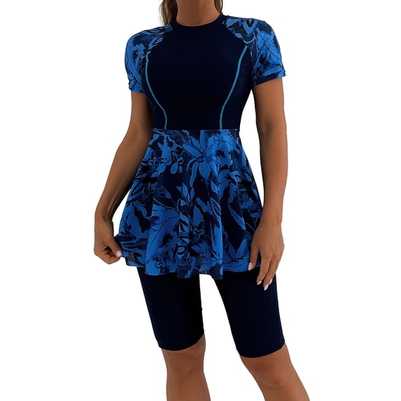 IWEMEK Women 2 Piece Swimsuit Short Sleeve Floral Print Swim Dress with Boyshorts Rash Guard Bathing Suit Size M