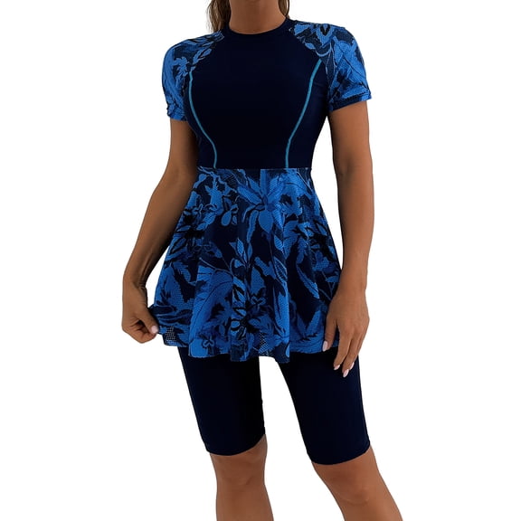 IWEMEK Women 2 Piece Swimsuit Short Sleeve Floral Print Swim Dress with Boyshorts Rash Guard Bathing Suit Size XL