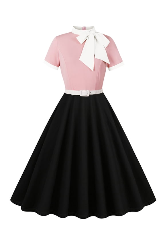 Women 50s Style Dresses Vintage Swing Dress Short Sleeve Tie Neck Midi Prom Dress with Belt Summer Fall A Line Tea Party Dress XL Pink Black