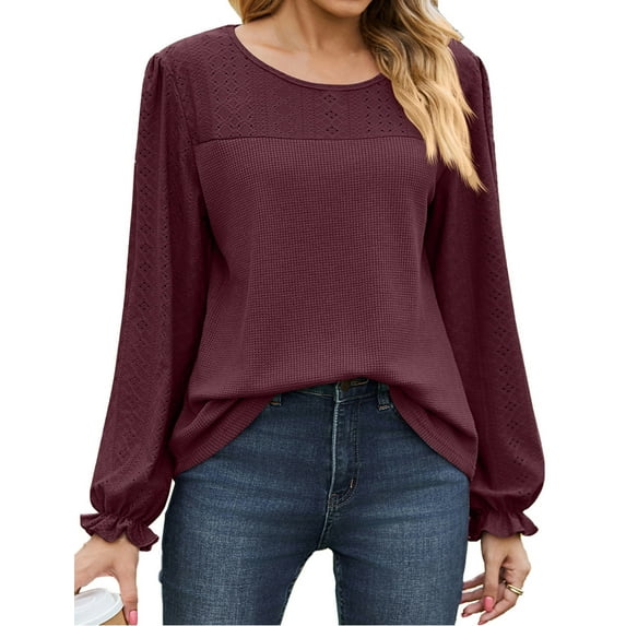 IWEMEK Women Blouses Leisure Softness Waffle Knit Shirt Fancy Going Out Tunics Tops Workout Jersry Baggy Tees Size S