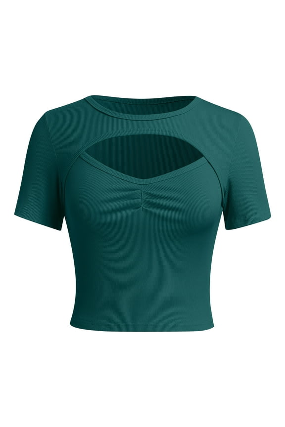 Women Crop Tops Summer Short Sleeve T Shirts Ribbed Knit Slim Stretch Top Casual Trendy Pure Green Tees