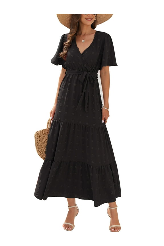 Women Dress Summer Maxi Dresses Beach Boho Flutter V Neck Black Dresses for Ladies Elegant Chic Smocked Clothes