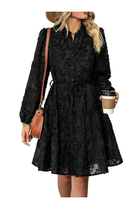 Women Dresses Fall Loose Fitting Casual Dress Henley Neck Button Down Black Sundress Fashion Chic Party Dress