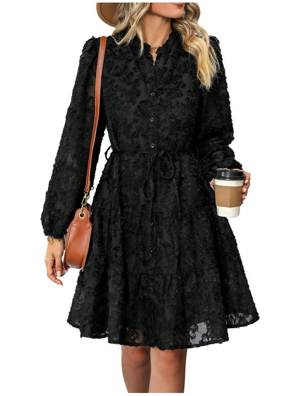 Women Dresses Fall Loose Fitting Casual Dress Henley Neck Button Down Black Sundress Fashion Chic Party Dress