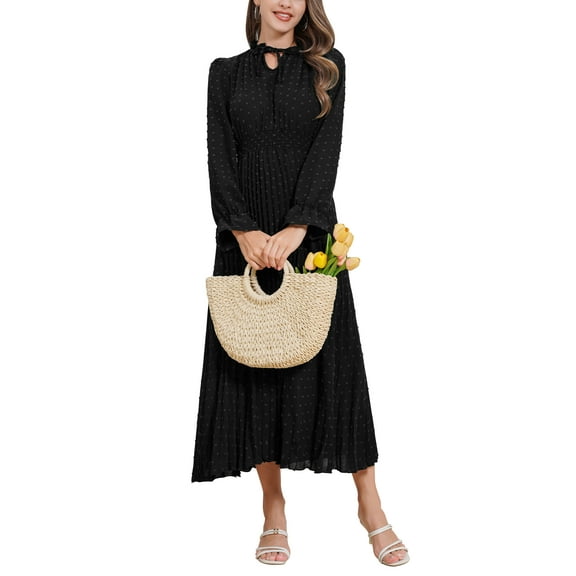 IWEMEK Women Dresses Long Sleeve Casual Fall Dress Plus Size Pleated Cocktail Black Dresses Pompom Wedding Guest Dress