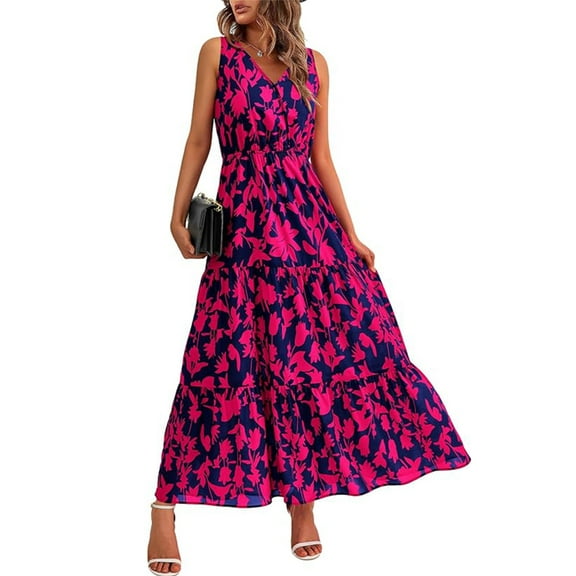 IWEMEK Women Dresses Summer Casual V Neck Maxi Dress Sleeveless A Line Sundress for Ladies Floral Vacation Dress 2025