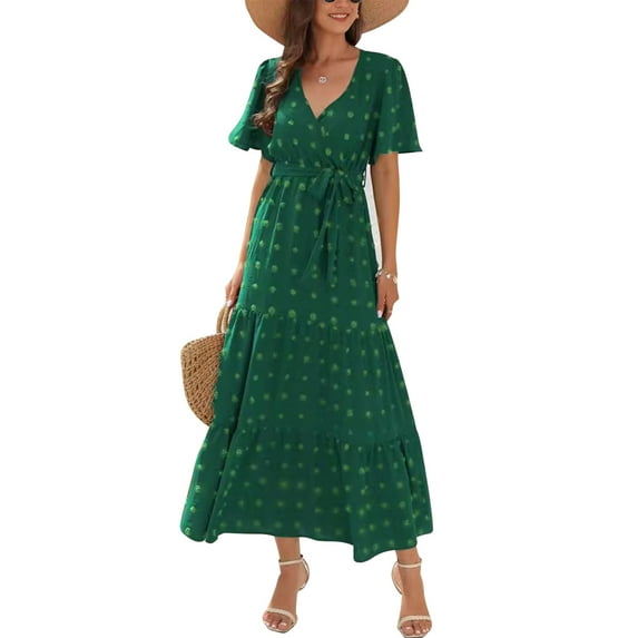 IWEMEK Women Dresses Swiss Dot Long Summer Plus Size Dress Wrap V-Neck Tie Belt Comfort Color Darkgreen Spring Dresses