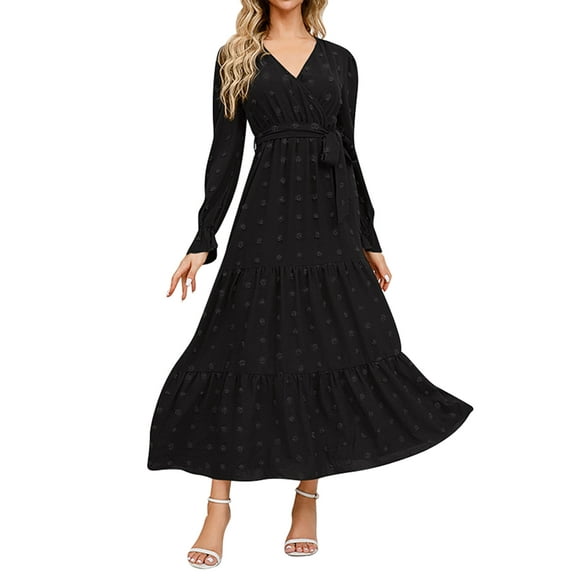 IWEMEK Women Dresses V Neck Wrap Tie Swiss Dot Dress Fashion Casual Fall Long Sleeve Maxi Comfort Solid Black Outfits