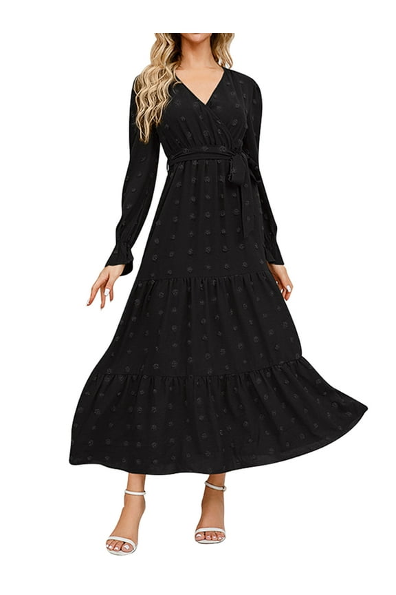 Women Dresses V Neck Wrap Tie Swiss Dot Dress Fashion Casual Fall Long Sleeve Maxi Comfort Solid Black Outfits