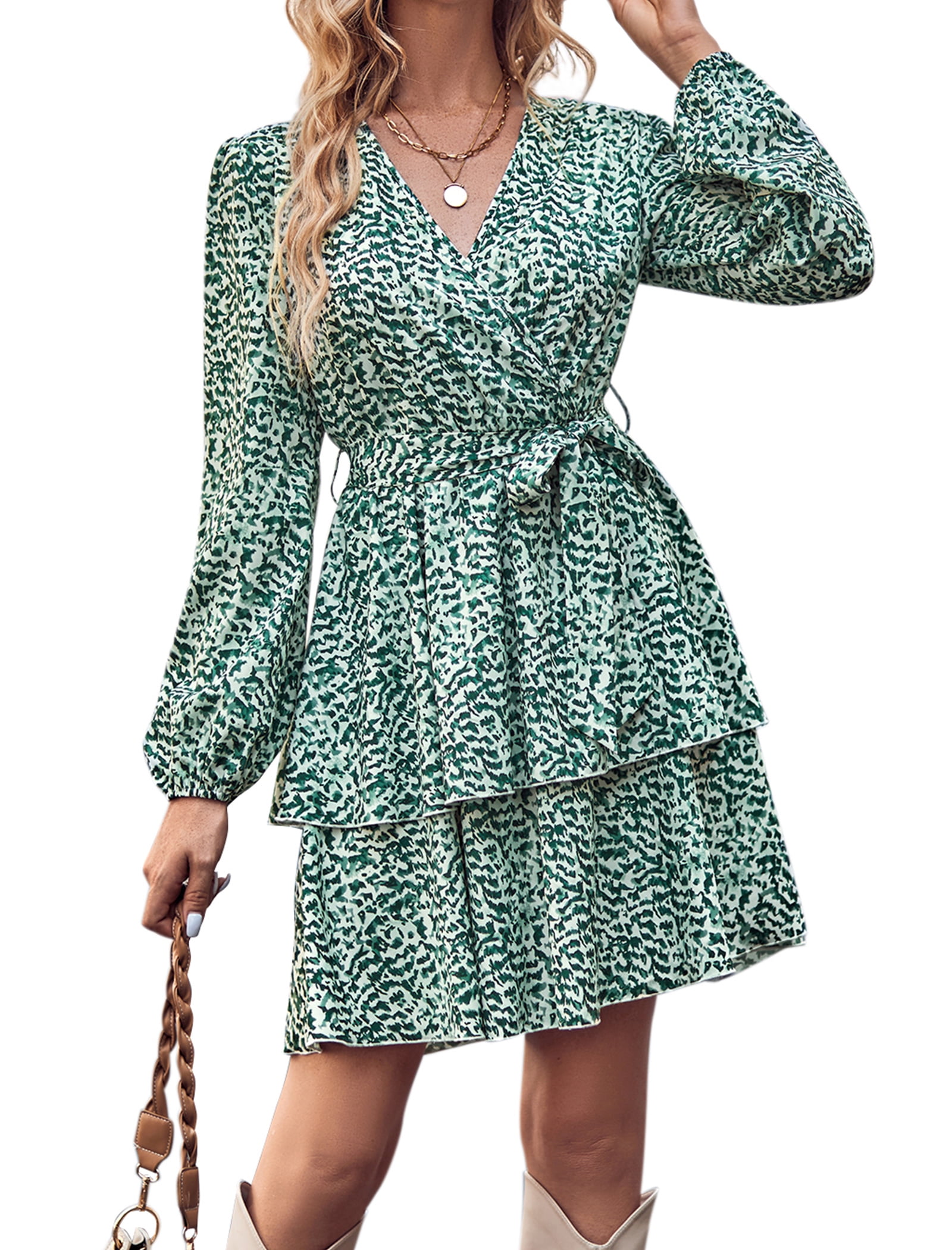 slim fit dress slacks Saffron and Amber Green Animal Print Wrap Mini Dress main image 1
