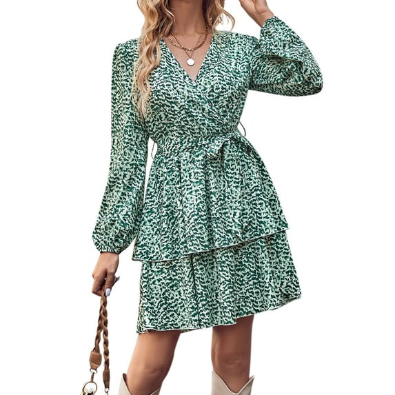 IWEMEK Women Dresses V-Neck Wrap Tiered Cocktail Dress with Belt Leopard Printed Leisure Comfy Long Sleeve Green Sundress