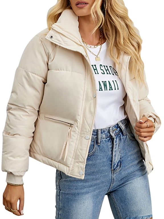 Women Jackets Casual Loose Turtleneck Puffer Coats Zipper Solid White Down Coat Comfy Padded Winter Clothes 2025