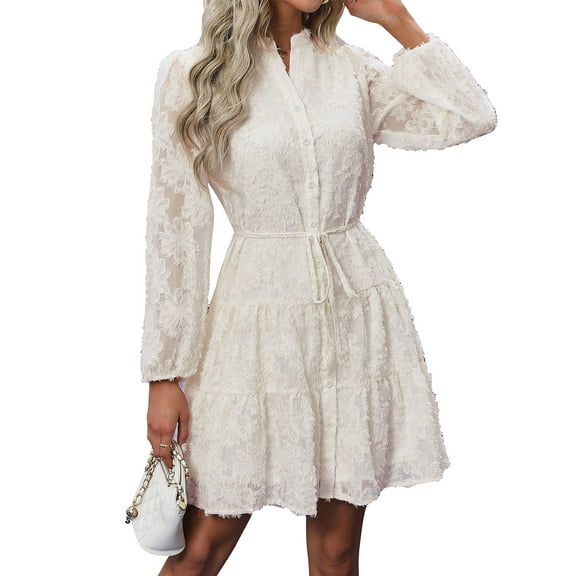IWEMEK Women Long Sleeve Dress Button Up Vacation Leisure A-Line Spring Sun Dress Trendy Swing Wedding Guest Dresses