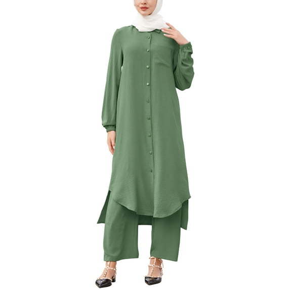IWEMEK Women Muslim Plue Size Outfits Islamic Modest Elegant Clothing Dubai Solid Abayas and Pants 2pc Clothes Size 2XL