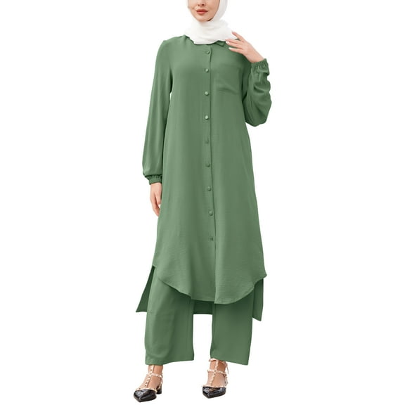 IWEMEK Women Muslim Plue Size Outfits Islamic Modest Elegant Clothing Dubai Solid Abayas and Pants 2pc Clothes Size 3XL