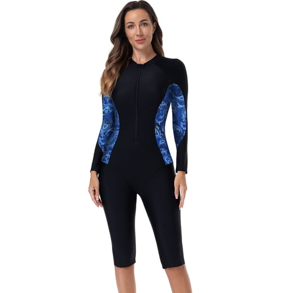 IWEMEK Women One Piece Long Sleeve Modest Swimsuit Zip Up Bathing Suit Wetsuit Color Block UPF 50+ Surfing Swimwear