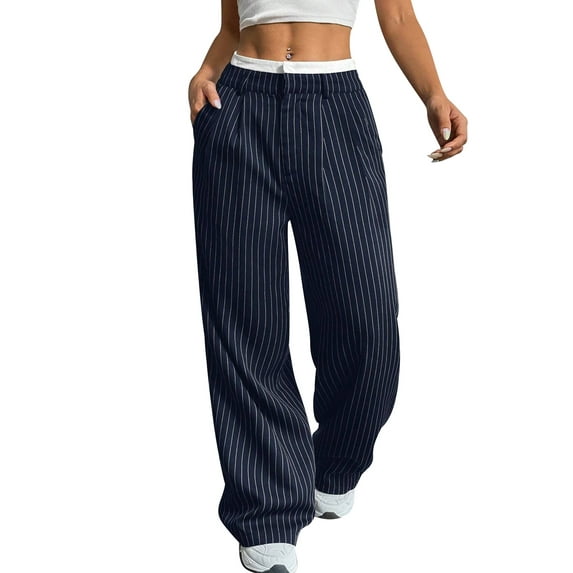 IWEMEK Women Pants Comfy Casual Palazzo Pants with Pockets Trendy Pinstripe Trousers for Ladies Size S