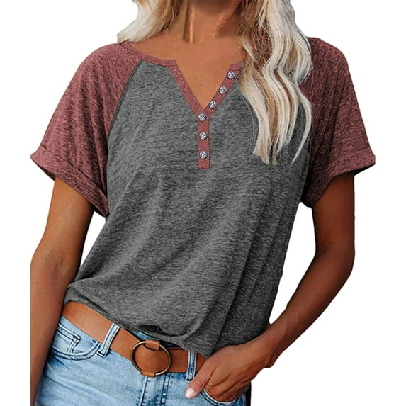 IWEMEK Women Shirts Color Block Casual Dressy Summer Top for Woman Blouses V-Neck Comfy Loose Raglan Sleeve Tunic Shirt