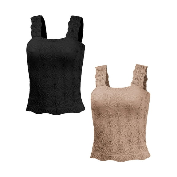 IWEMEK Women Sleeveless Shirts Summer Casual Tank Tops Beach Jacquard Ribbed Cami Top Square Neck Tight Fitting Vest 2 PC