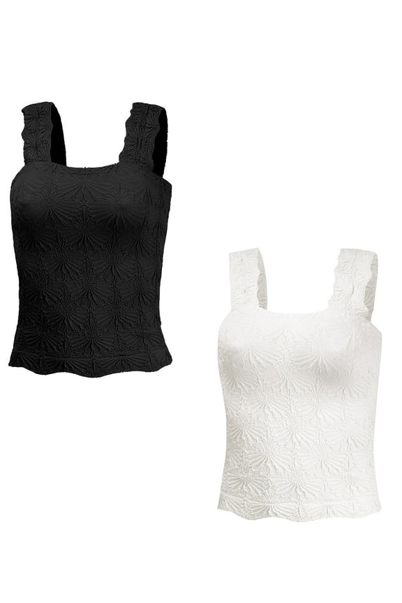 Women Sleeveless Tops Solid Color Summer Chic Sleeveless Jacquard Square Neck Vest Leisure Cami Top Pack of 2