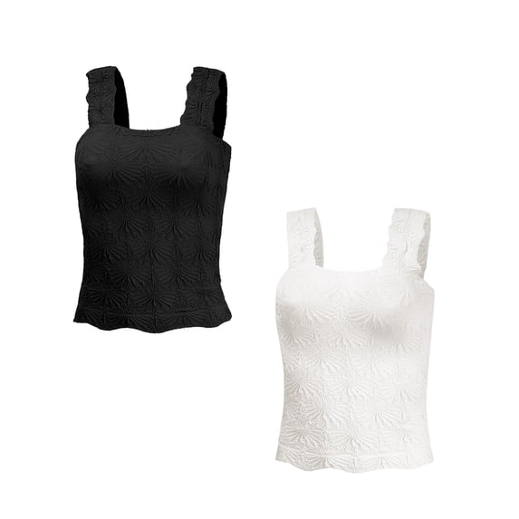 IWEMEK Women Sleeveless Tops Solid Color Summer Chic Sleeveless Jacquard Square Neck Vest Leisure Cami Top Pack of 2