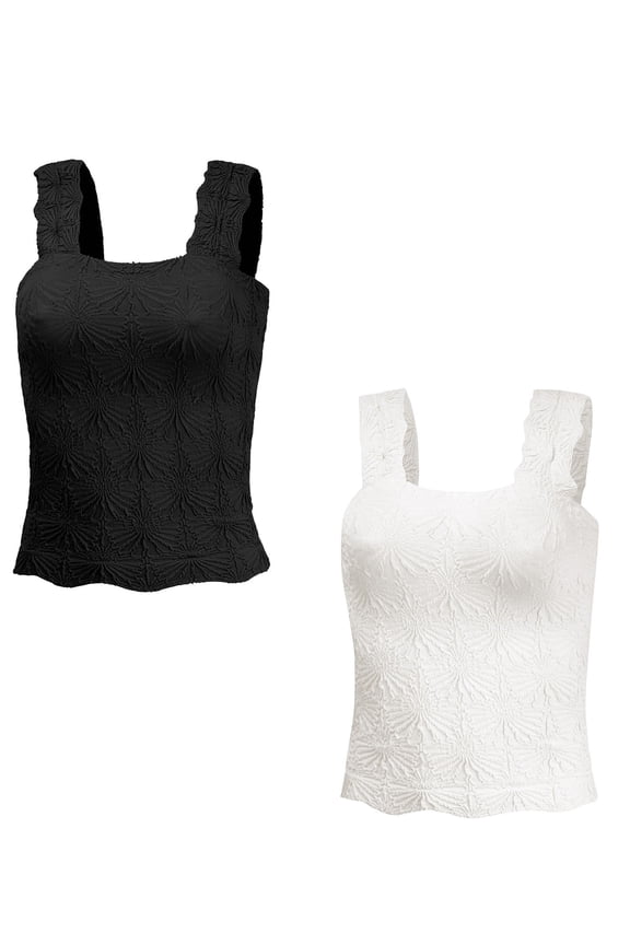 Women Sleeveless Tops Solid Color Summer Chic Sleeveless Jacquard Square Neck Vest Leisure Cami Top Pack of 2