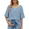 thumbnail image 1 of IWEMEK Women T Shirts Crewneck Casual Loose Striped Tops Hip Length Baggy Tunics Shirt Fashion Chic Plus Size Pullover, 1 of 7