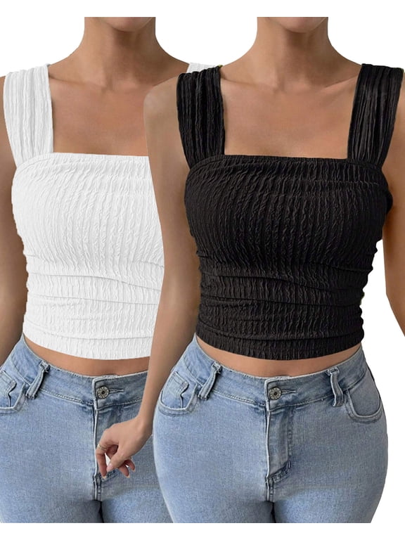 Women Tank Tops Pack of 2 Black Square Neck Summer Sleeveless Crop Tops Going Out Basic Solid White Fitting Shirt