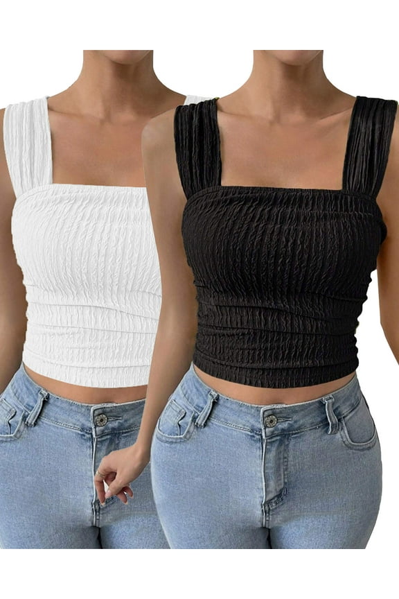 Women Tank Tops Pack of 2 Black Square Neck Summer Sleeveless Crop Tops Going Out Basic Solid White Fitting Shirt