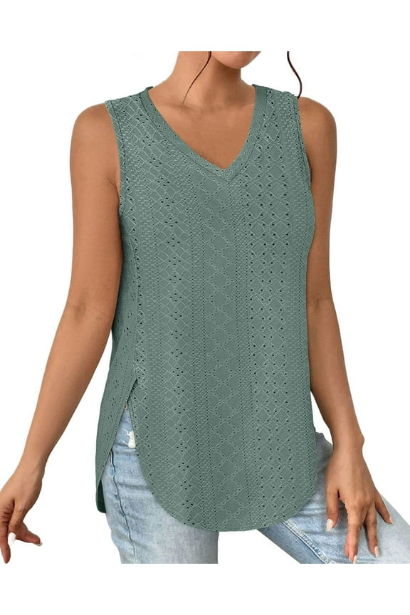 Women Tank Tops Sleeveless Side Slit Tunic Top Comfortable Eyelet Chic Shirts Green Loose Casual Blouse 2025