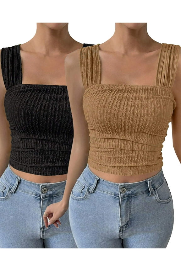 Women Tops 2PC Ribbed Pleated Workout Sleeveless Tops Breathable Elastic Fit Backless Vest Black/Coffee 2025