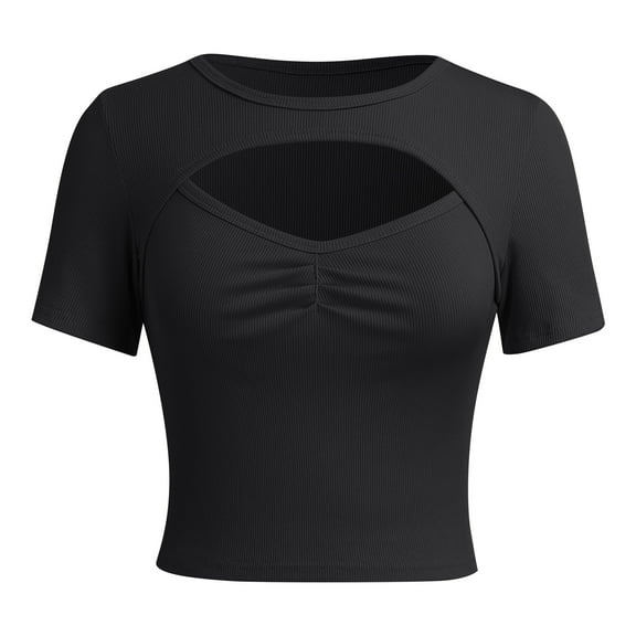 IWEMEK Women Tops Black Short Sleeve Summer Crop Tops Solid Casual Basic Tees Crewneck Going Out Shirts