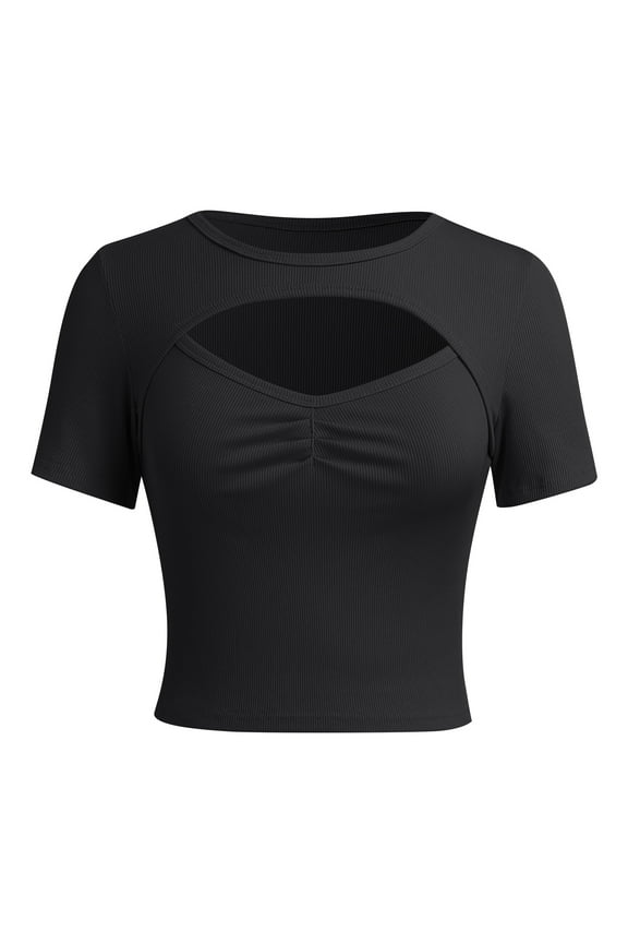 Women Tops Black Short Sleeve Summer Crop Tops Solid Casual Basic Tees Crewneck Going Out Shirts