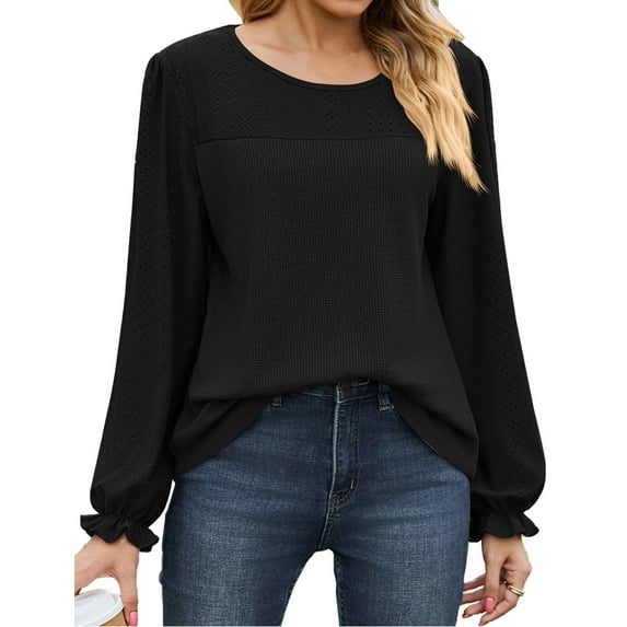 IWEMEK Women Tops Casual Fall Long Poet Sleeve Blouses Round Neck Fashion Chic T-Shirts Comfy Dressy Black Tee Size M
