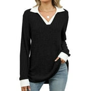 IWEMEK Women Tops Casual Fall Long Sleeve Shirts Comfort V-Neck Basic Tees Softness Jersey Baggy T-Shirts Black Top 2024