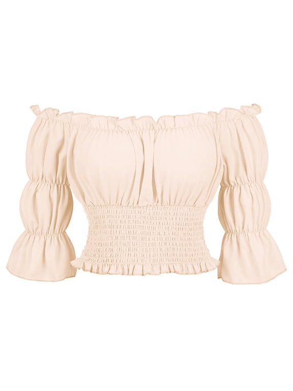 Women Tops Casual Summer Boho Off Shoulder Blouses Solid Beige Gothic Elegant Tees Slim Fit Clothes Size XL