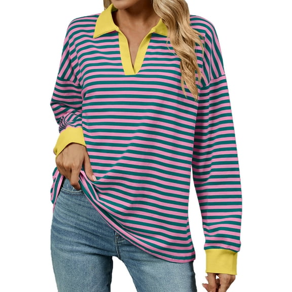 IWEMEK Women Tops Color Block Long Sleeve Sweatshirt Casual Fall Henley Neck Polo Shirts Y2K Striped Pullover 2025
