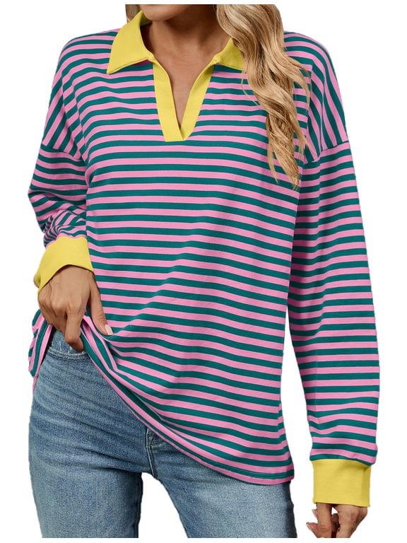 Women Tops Color Block Long Sleeve Sweatshirt Casual Fall Henley Neck Polo Shirts Y2K Striped Pullover 2025