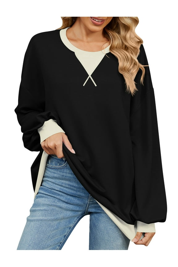 Women Tops Color Block Long Sleeve Sweatshirts Crew Neck Casual Loose Pullover Y2K Black Shirts 2024